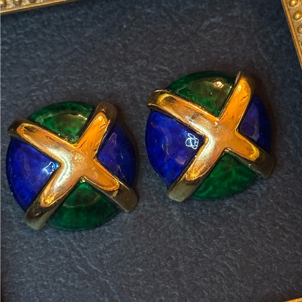 VTG Fabulous Blue and Green Marbled Enamel Goldtone Earrings - Picture 8 of 15